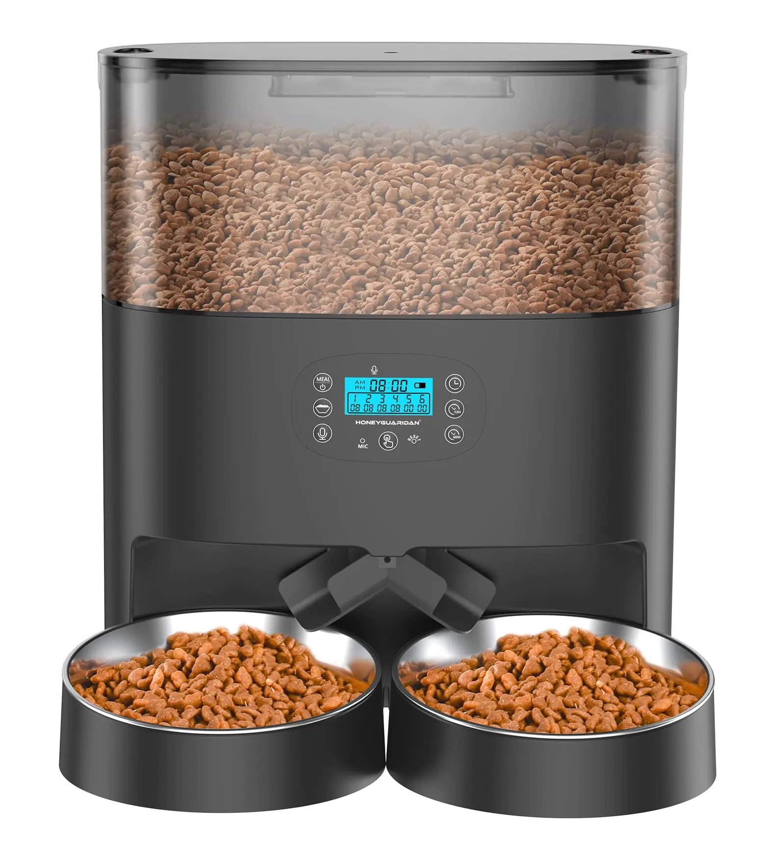 HoneyGuaridan 6L Automatic Cat Feeder for 2 Pets Pet Food Dispenser for Cat and Dog with Desiccant Box Timer Feeder Portion Control 1-6 Meals per Day Dual Power Supply Voice Recorder Black