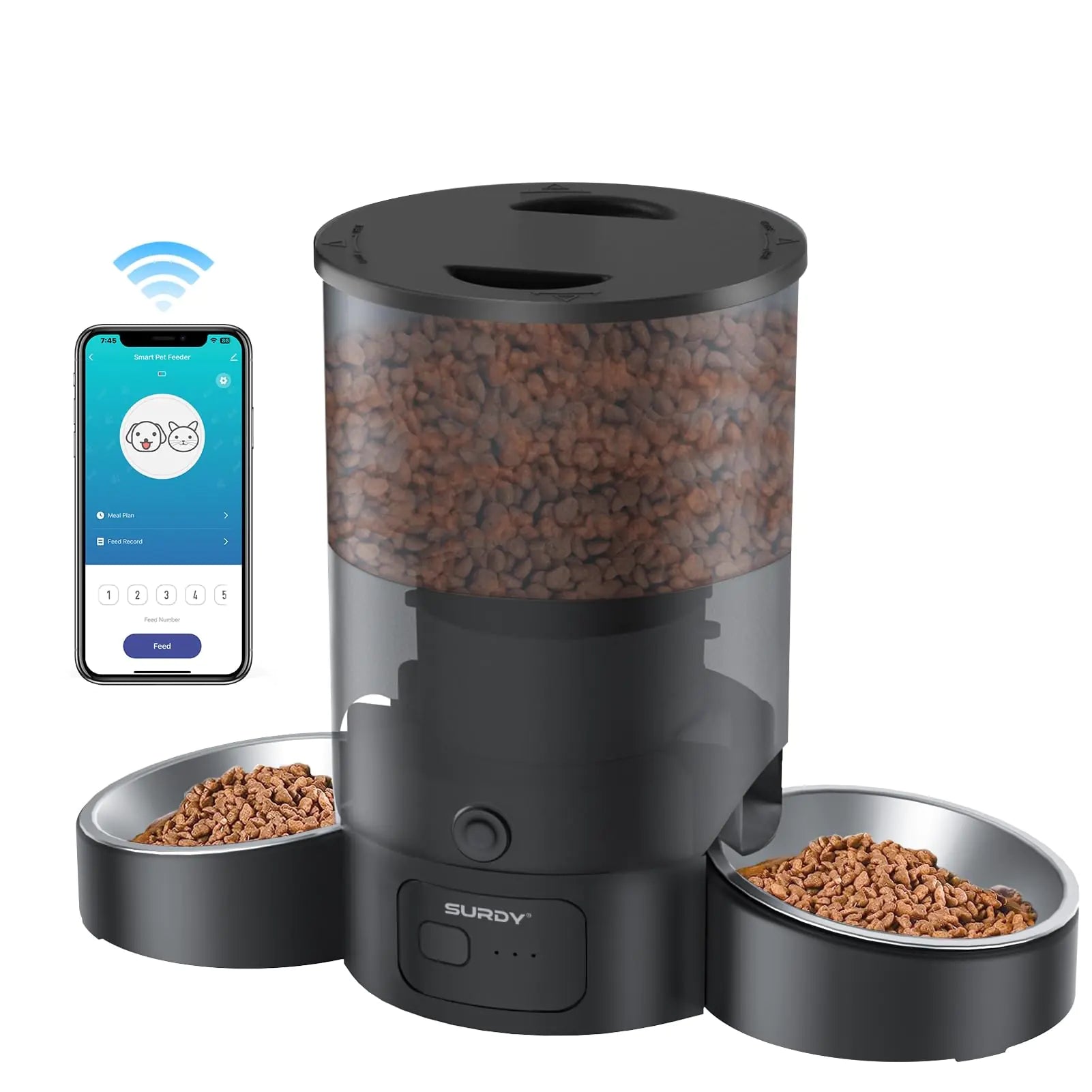 SURDY Automatic Cat Feeder for 2 Cats 2.4G WiFi Smart Pet Feeder with APP Control for Remote Feeding 3L Timed Pet Feeder Programmable 1-10 Meals Dual Power Supply Desiccant Bag 10s Meal Call